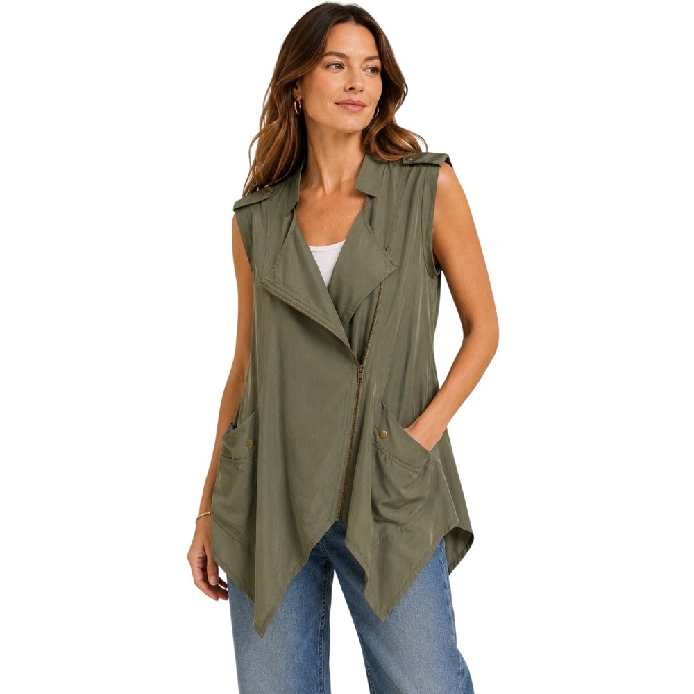 Allen B. By Allen Schwartz Olive Green Sleeveless Moto Zip Utility Vest XL